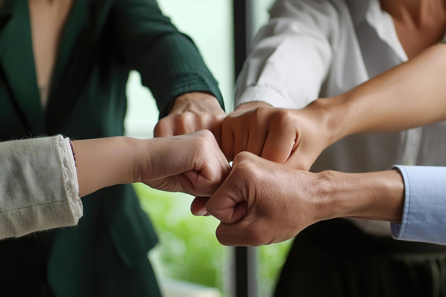 職場のチームワークを示すビジネスチームの拳を合わせる場面