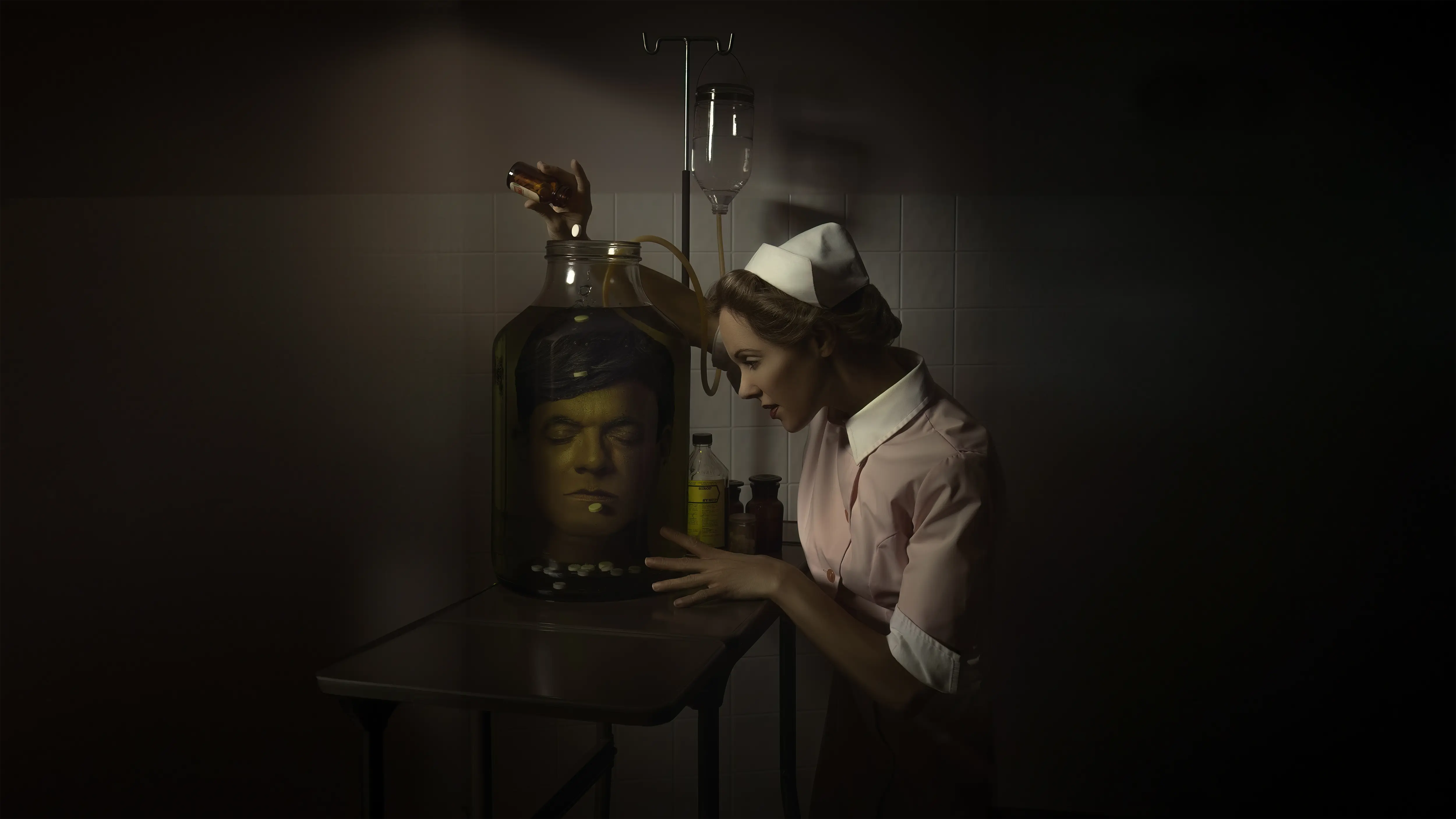Juxly Case Study Hero
Vintage photo of a nurse in pink dropping pills into a formalin jar containing a severed head