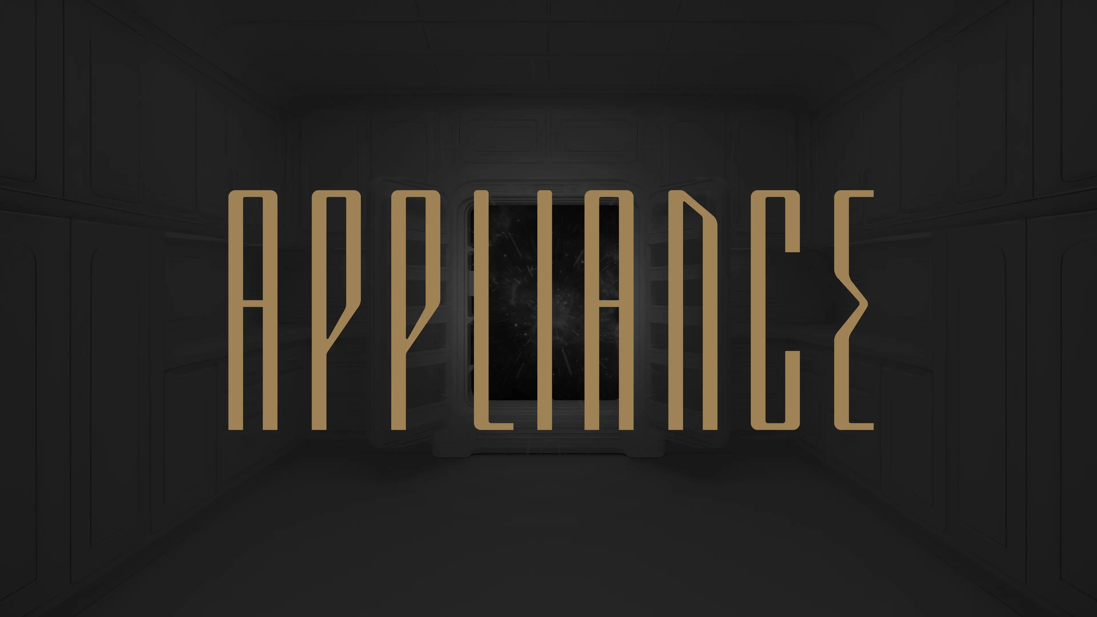 Looking into a white spaceship kitchen with a refrigerator opened to outer space