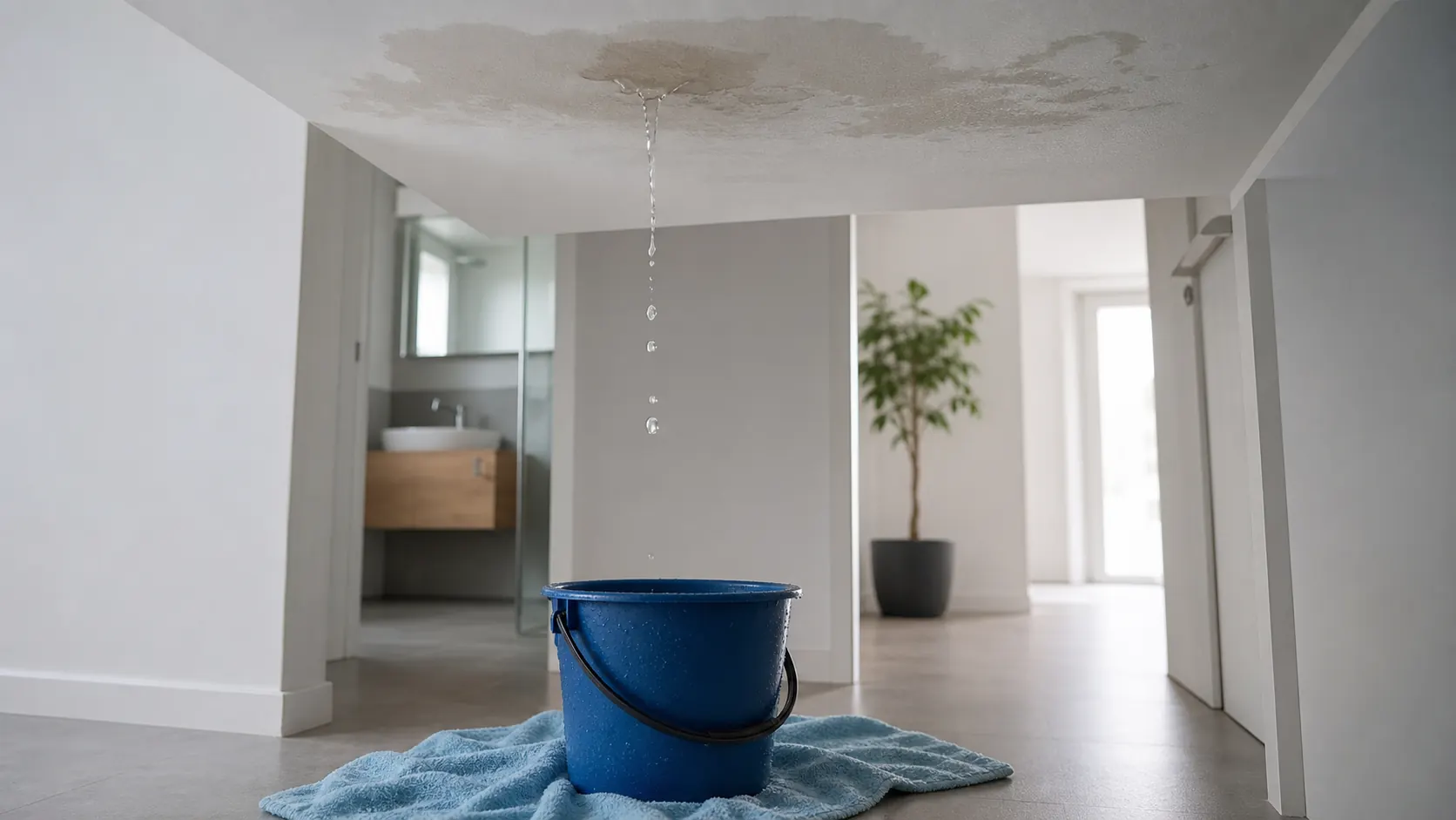 Wasser tropft aus der Decke in einen Eimer