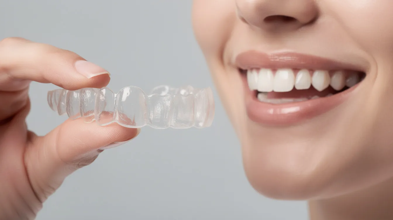 A close-up image shows clear aligners being held next to a person's smile, highlighting the modern orthodontic treatment option for adults seeking to straighten their teeth. The aligners appear virtually invisible, offering a discreet alternative to traditional metal braces while promoting oral health and confidence.
