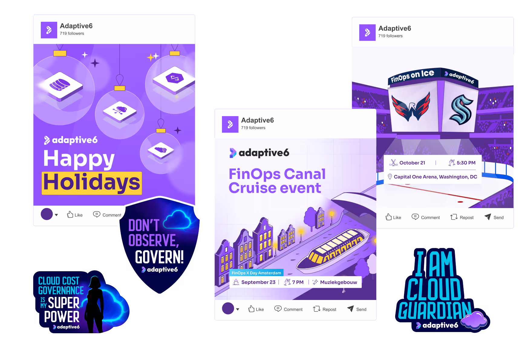 Collage of three social media posts by Adaptive6, also includes three cloud governance themed stickers