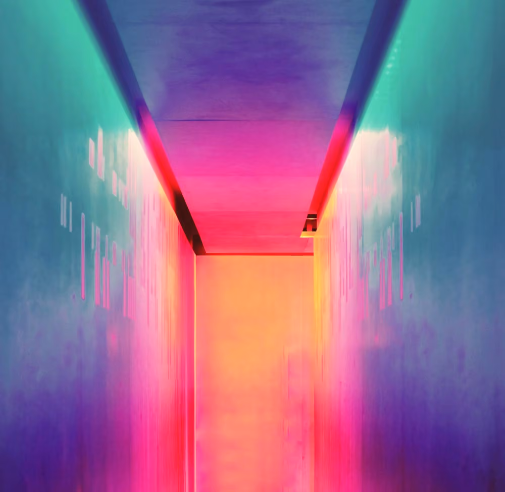Colorful abstract corridor with vibrant gradients of green, purple, pink, and orange light.
