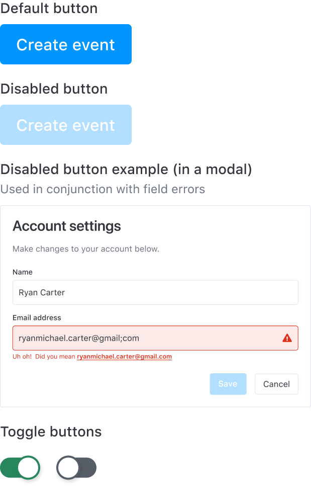 Sample of Polymer buttons with errors, disabled states, and toggle states