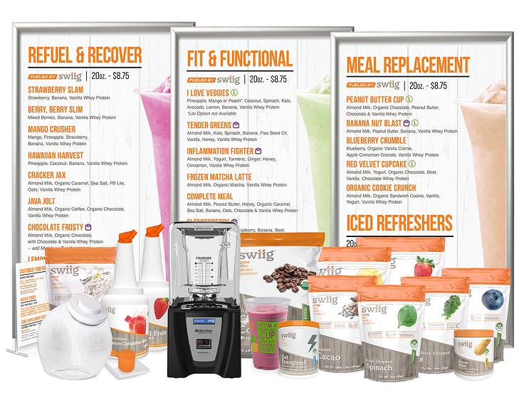 An array of menus, supplies and blender.