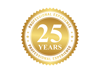 Badge noting 25 years in business. 