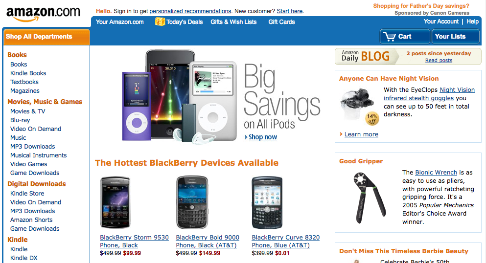 mazon homepage with iPods and Blackberries (2009)