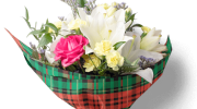 A bouquet of flowers wrapped in holiday themed floral wax tissue paper