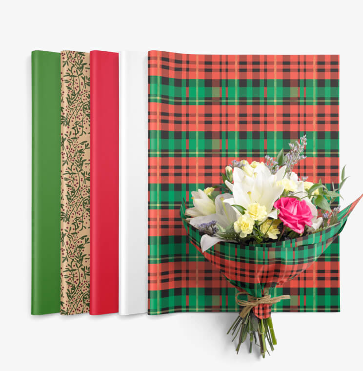 Assortment of printed and colored wax tissue paper for flowers
