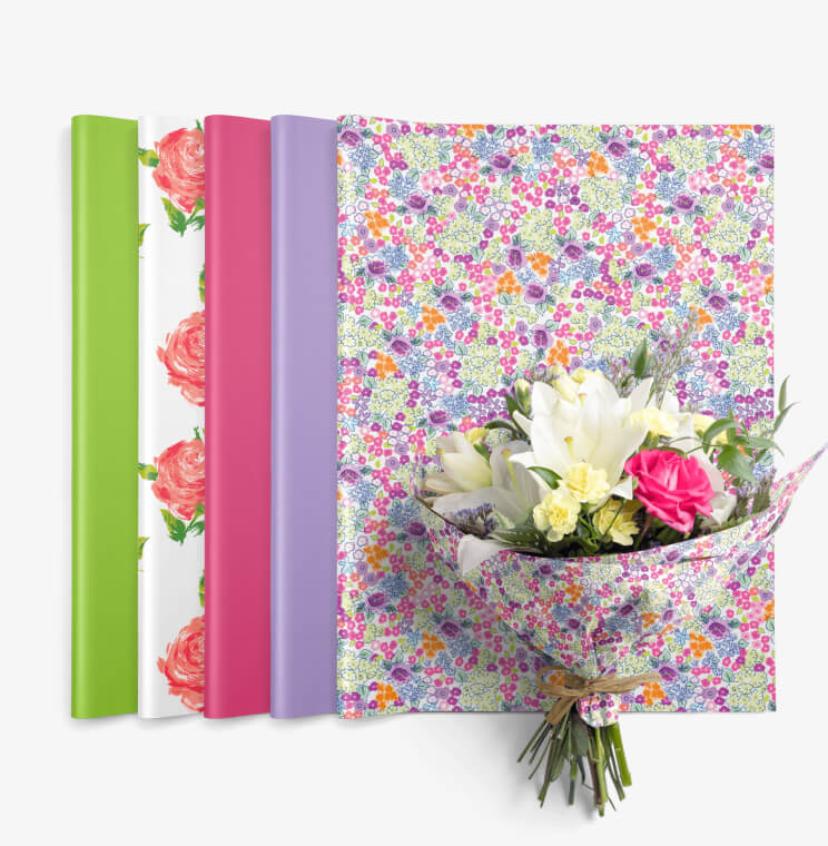 Assortment of printed and colored wax tissue paper for flowers
