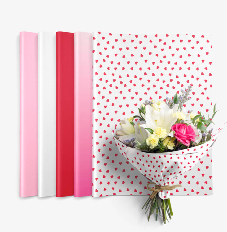 Assortment of printed and colored wax tissue paper for flowers