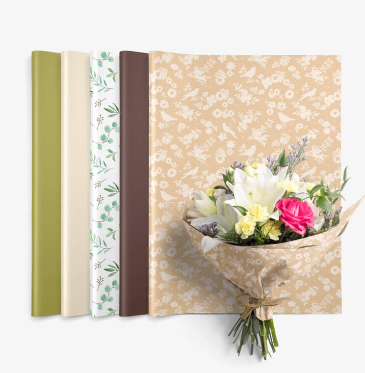 Assortment of printed and colored wax tissue paper for flowers