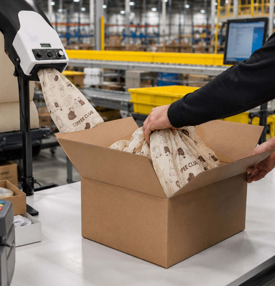 Person packing a printed coffee club bag from a machine into a cardboard box in a warehouse with an automated packing machine.
