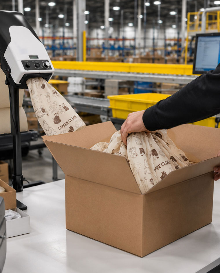 Person packing printed coffee club bags into a cardboard box on a warehouse table.