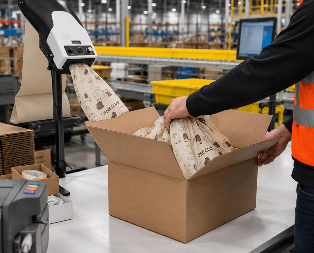 Hands holding open a cardboard box filled with crumpled white packing paper printed with "Your Logo Here."