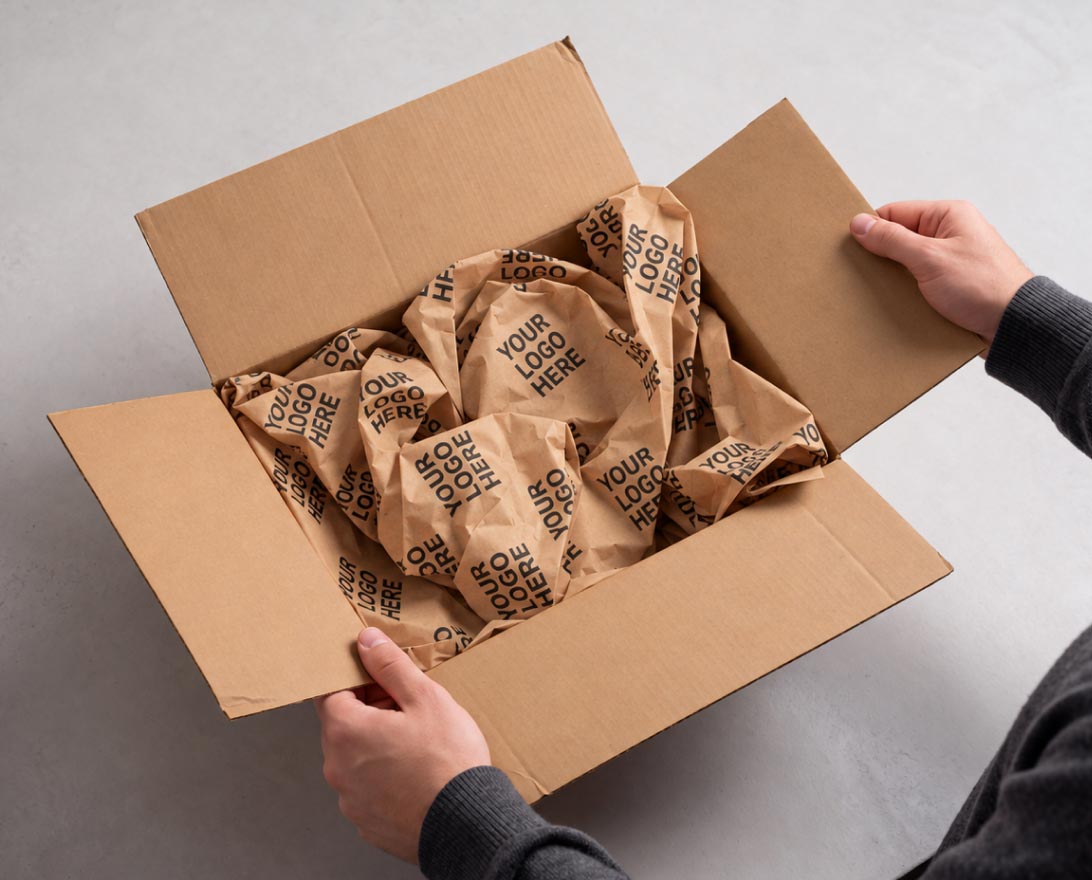 Hands holding open a cardboard box filled with crumpled white packing paper printed with "Your Logo Here."