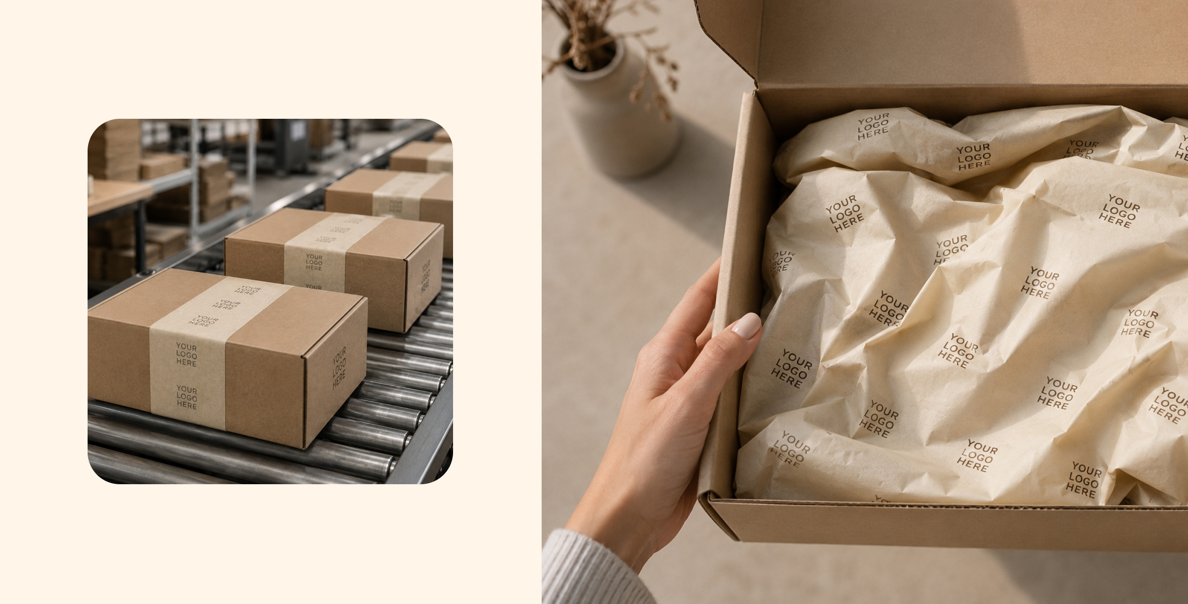 An unboxing with "YOUR LOGO HERE" on the branded void fill paper.