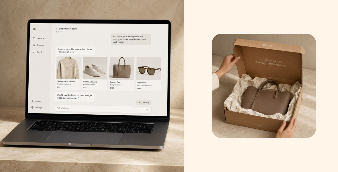 An image of someone shopping online and unboxing their package after the purchase