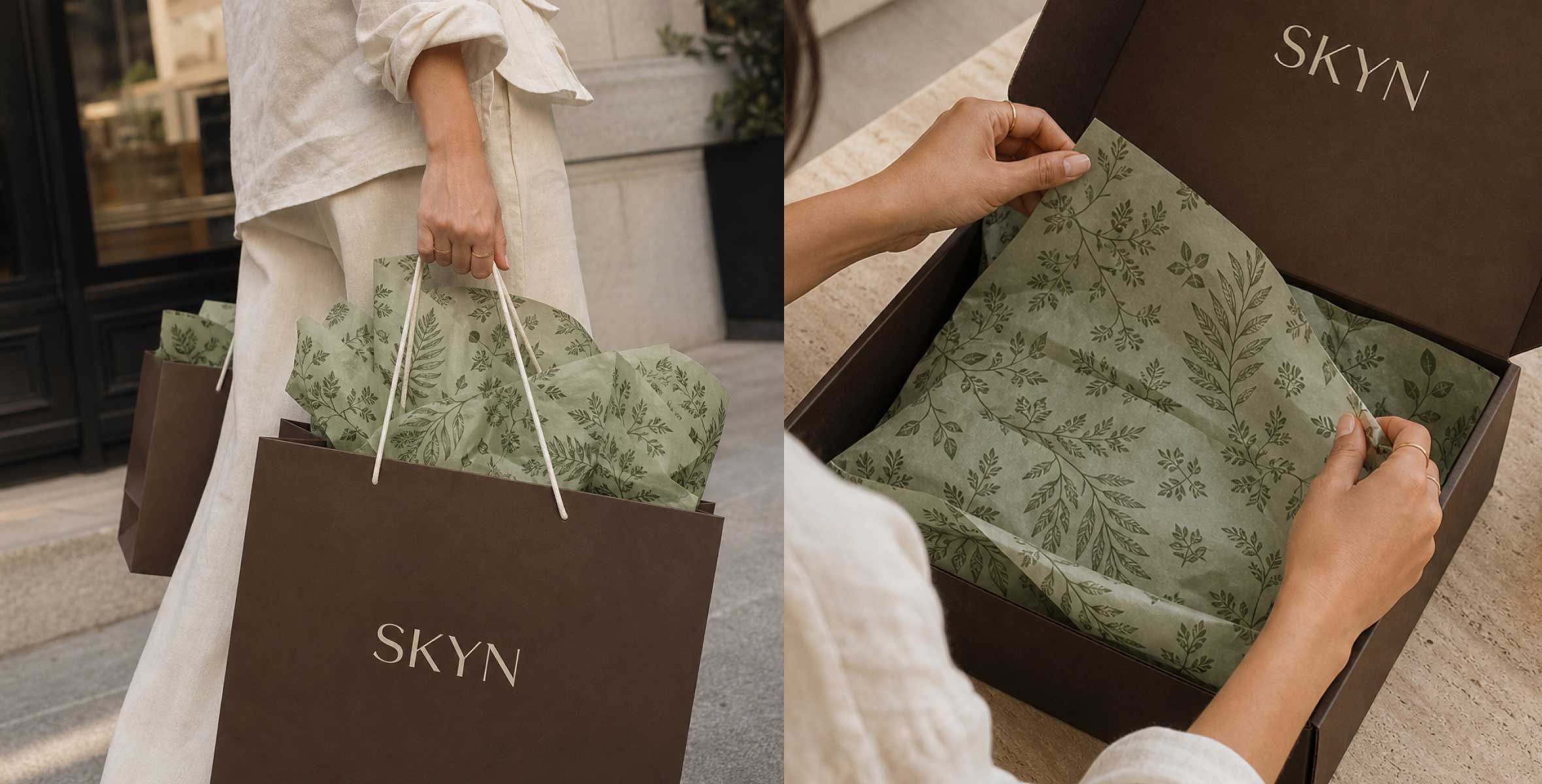 Branded tissue paper coming out of a retail bag and in an eCommerce box