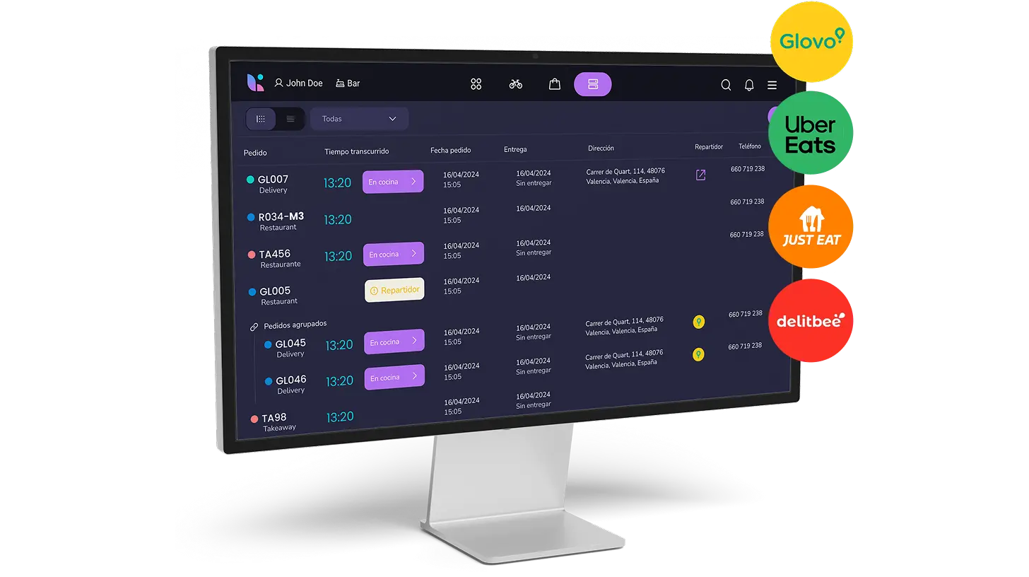 Pantalla software tpv con integraciones glovo uber eats y just eat