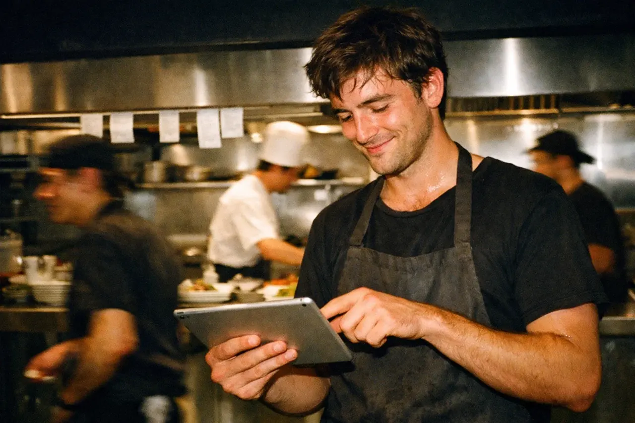 Un camarero en un restaurante usando una tablet que tiene el software tpv de last.app