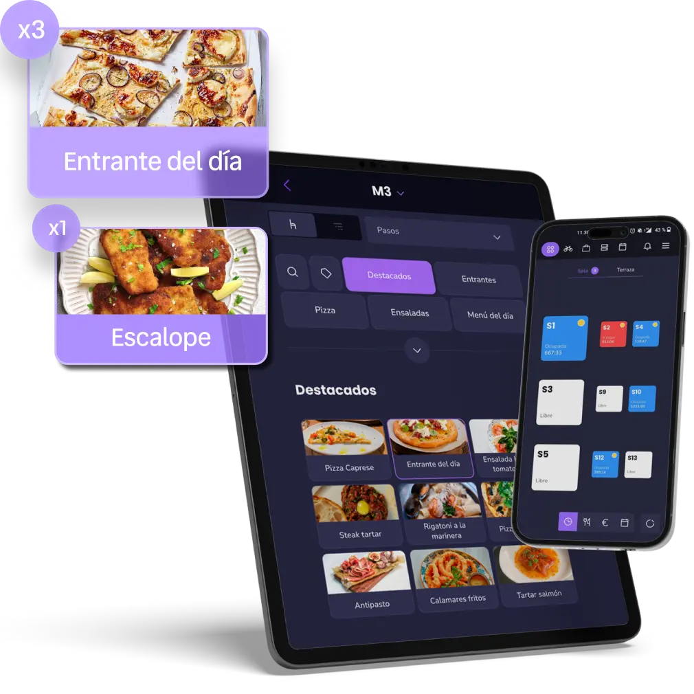 Pantallas comanderos en una tablet y en un móvil mostrando las comandas y disposición de las mesas de last.app