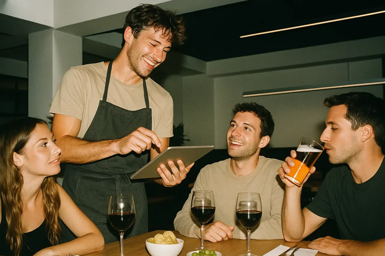 Camarero tomando un pedido con un comandero digital de lastapp en un restaurante