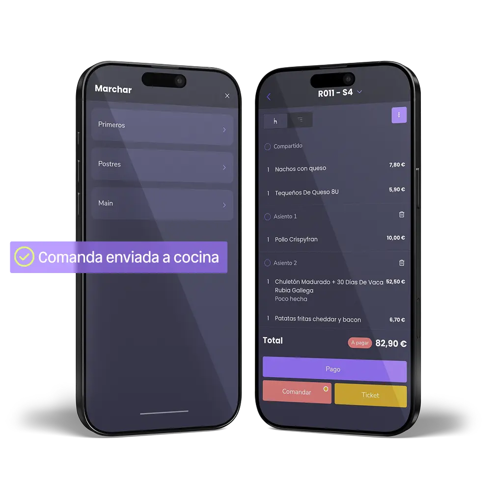 pantalla de móvil mostrando el comandero de last.app sincronizado con el software tpv mientras envía una comanda a cocina