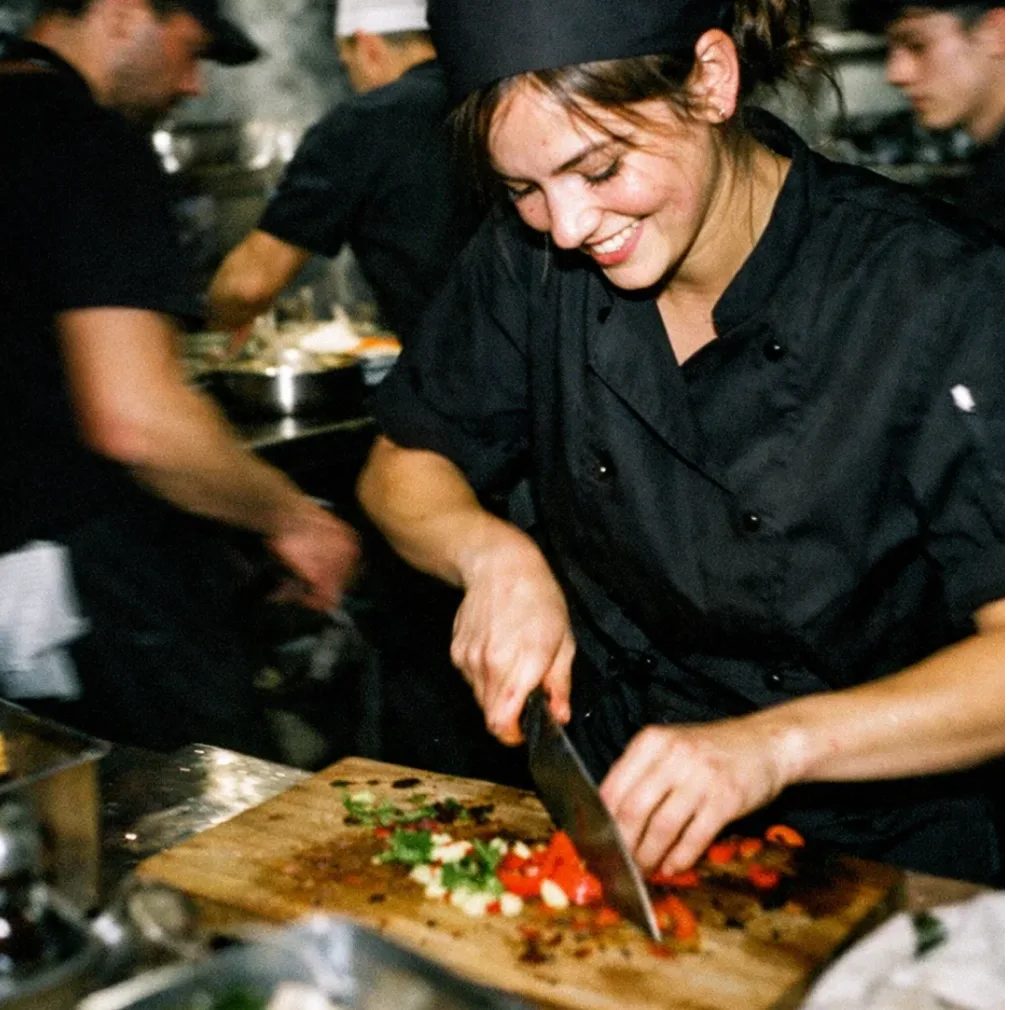 Cocinera trabajando en una dark kitchen preparando pedidos para varias marcas de delivery