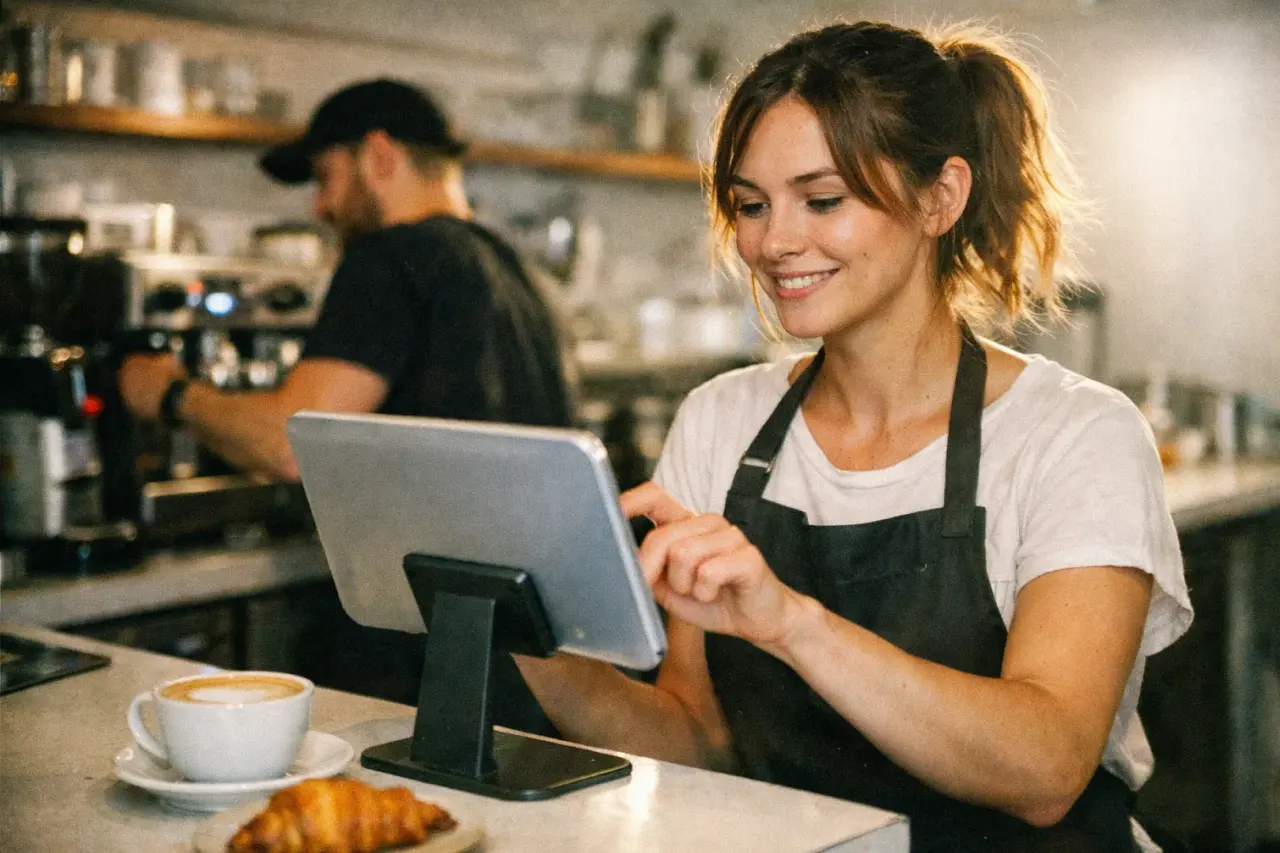 camarera de bar y de cafetería usando la pantalla del software TPV de last.app usando la opción de cobro rápido del fastmode