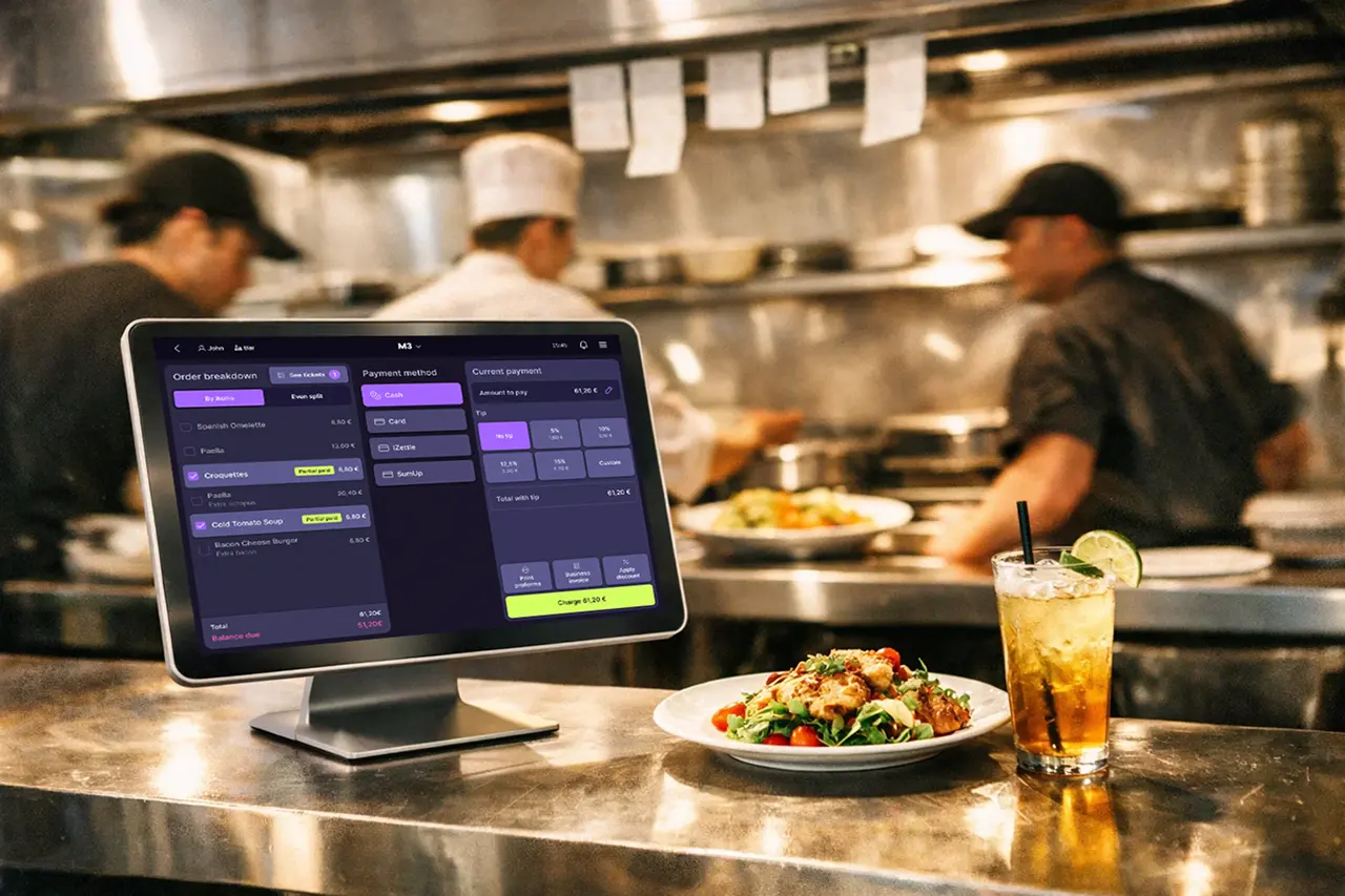 pantalla TPV en un restaurante mostrando las opciones de la tienda online del software TPV de last.app