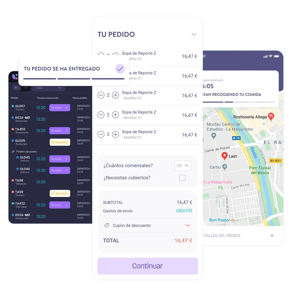pantallas de la tienda online de last.app mostrando la ruta de reparto y el pedido total 