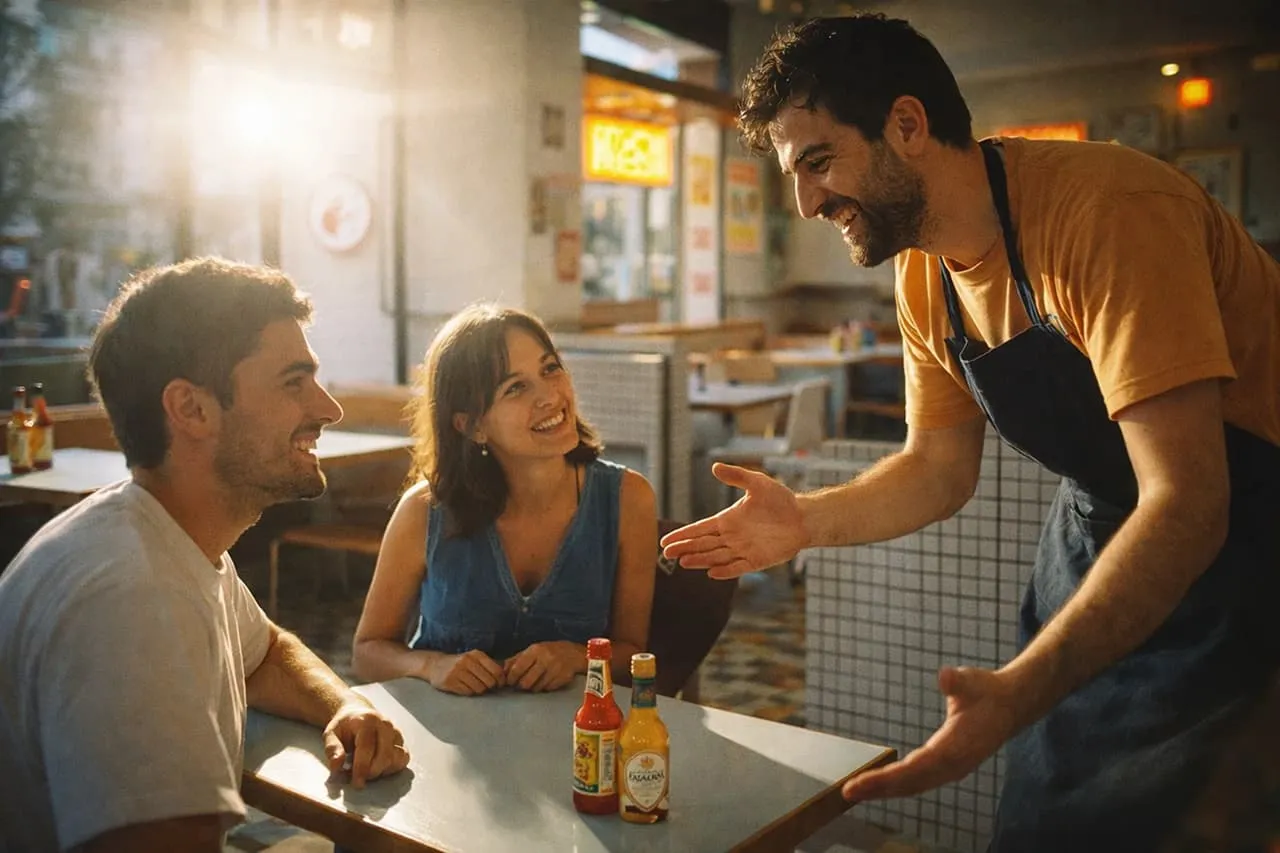 Camarero de restaurante interactuando con clientes en mesa, representando la gestión del cliente en Last.app