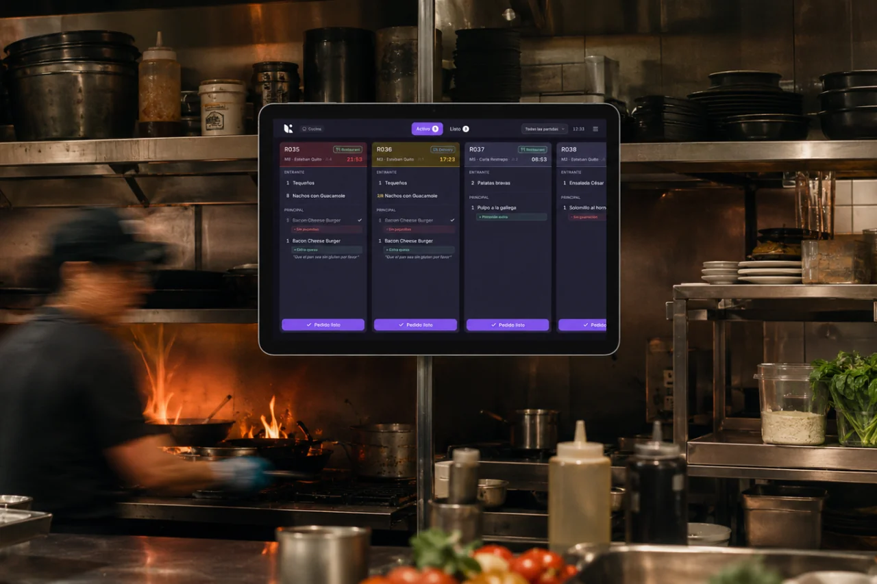 Cocina de restaurante con el KDS de Last.app sustituyendo los tickets de papel