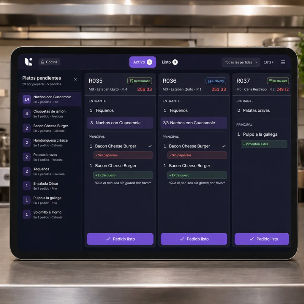 KDS de Last.app con pantallas organizadas por partidas de cocina