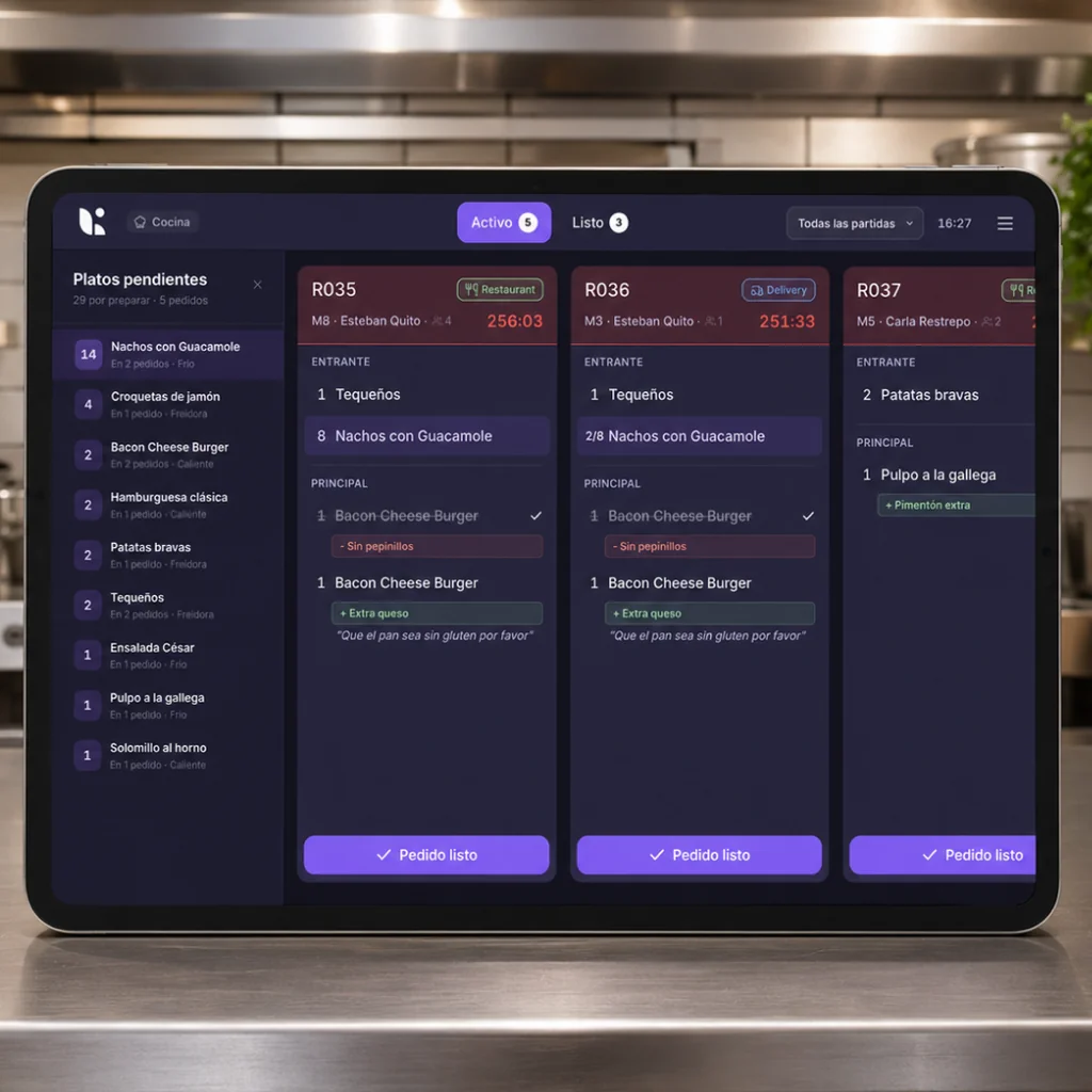 KDS de Last.app con pantallas organizadas por partidas de cocina