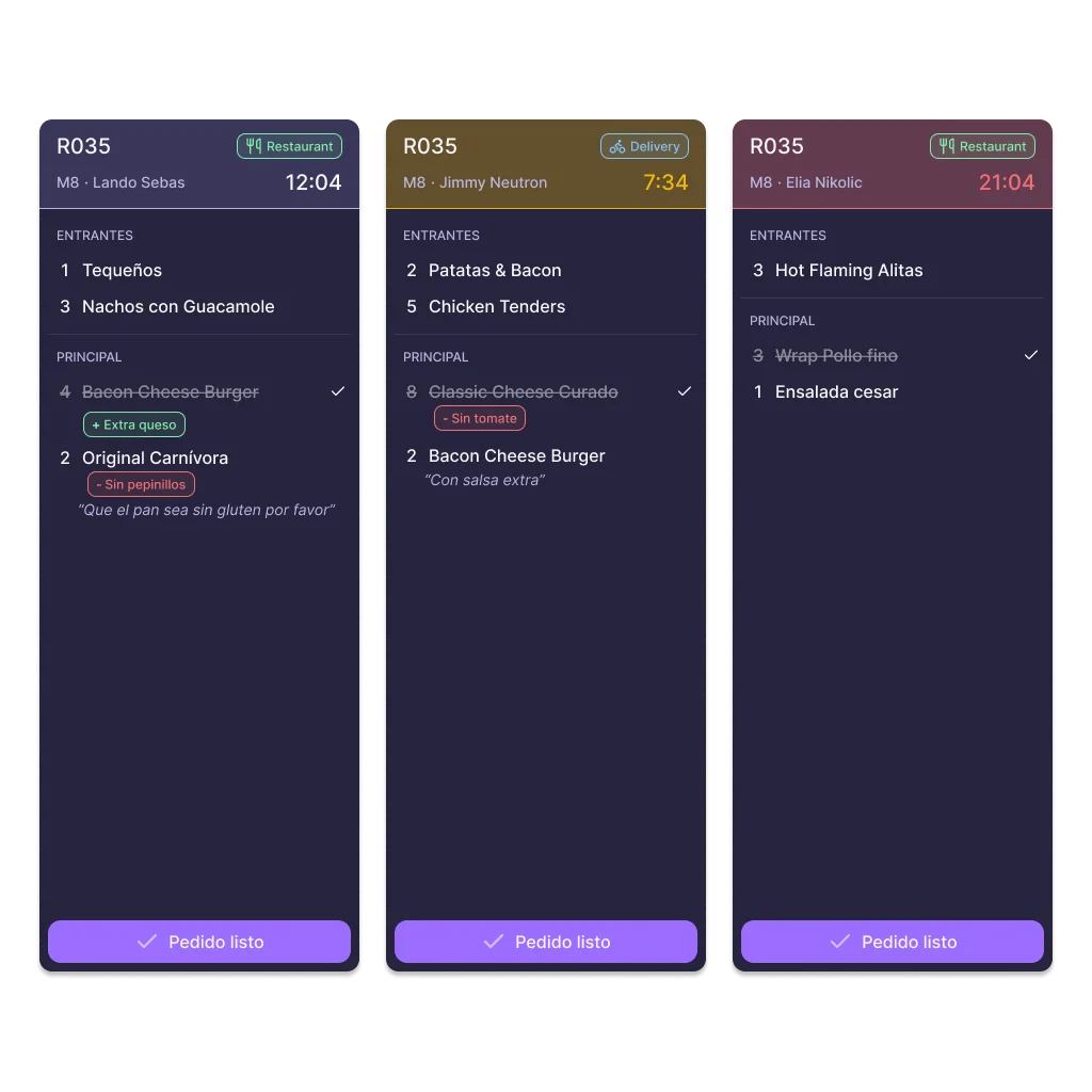 Tickets de pedido en el KDS de Last.app con temporizadores de urgencia por color