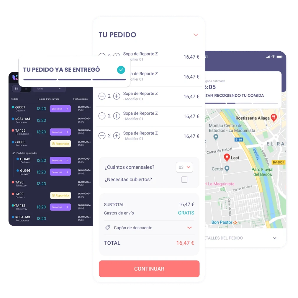 pantallas de la tienda online de last.app mostrando la ruta de reparto y el pedido total