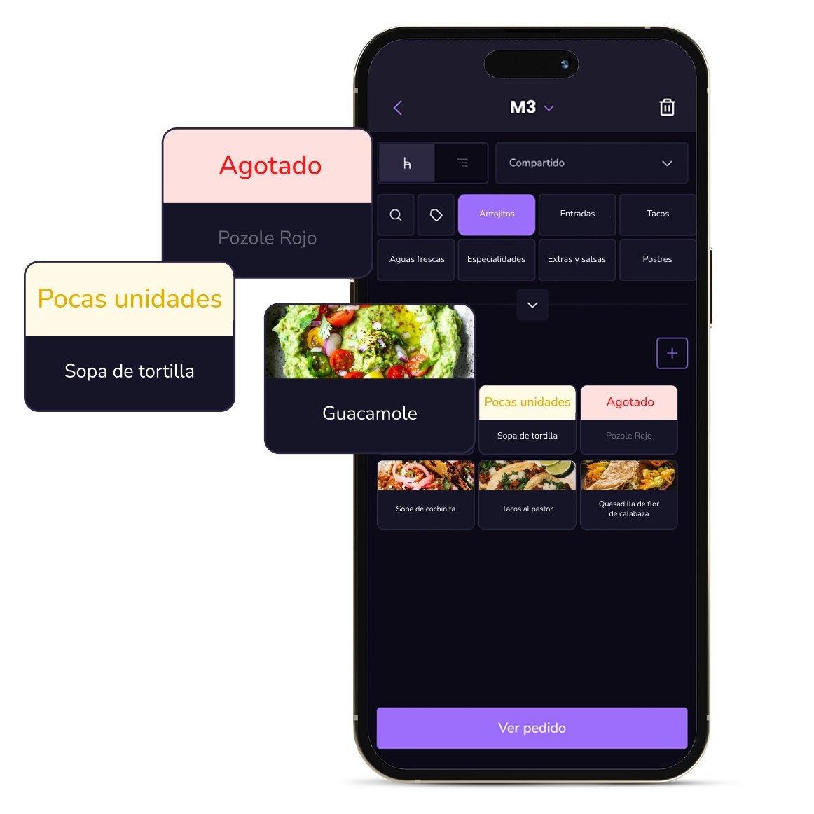 Comandero de Last.app mostrando alertas de stock agotado y stock bajo en los productos del menú
