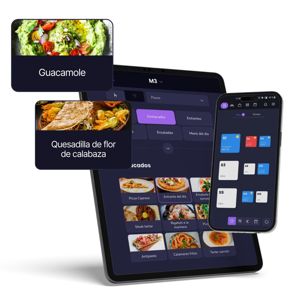 Tablet con el panel de gestión de stock de Last.app mostrando stock inicial, actual y puntos de re-stock por producto