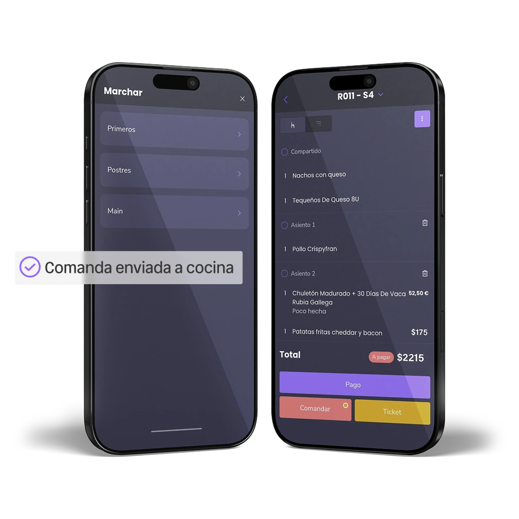 pantalla de móvil mostrando el comandero de last.app sincronizado con el software tpv mientras envía una comanda a cocina