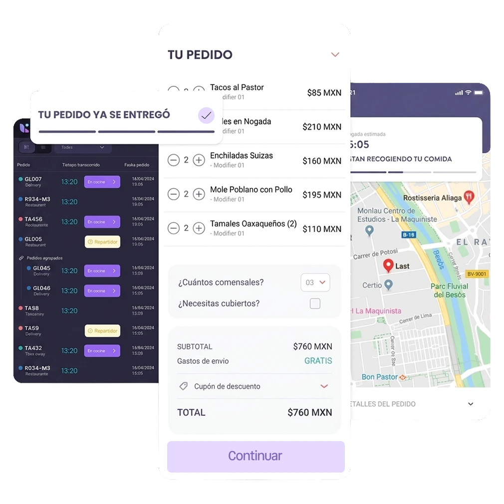 pantallas de la tienda online de last.app mostrando la ruta de reparto y el pedido total