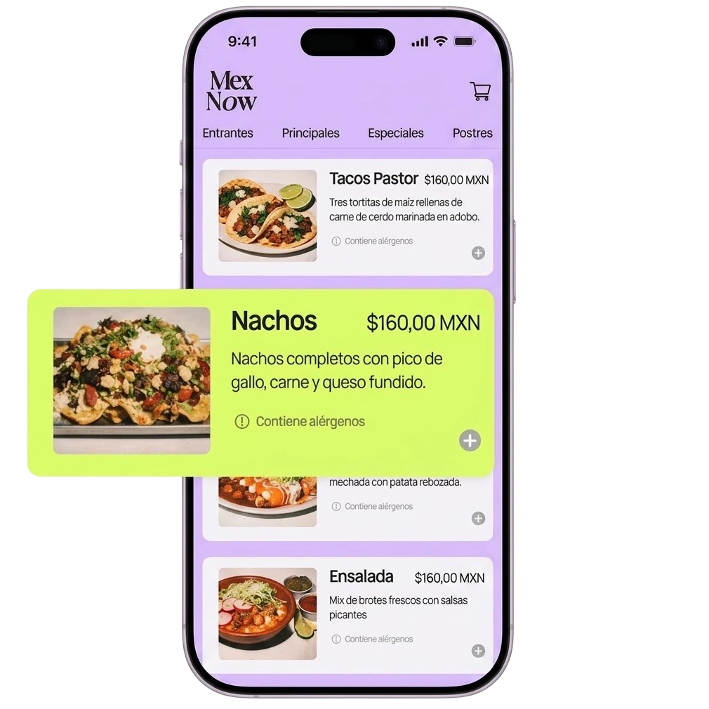 Aplicación de pedidos online de Last.app mostrando la carta digital con productos y precios para delivery