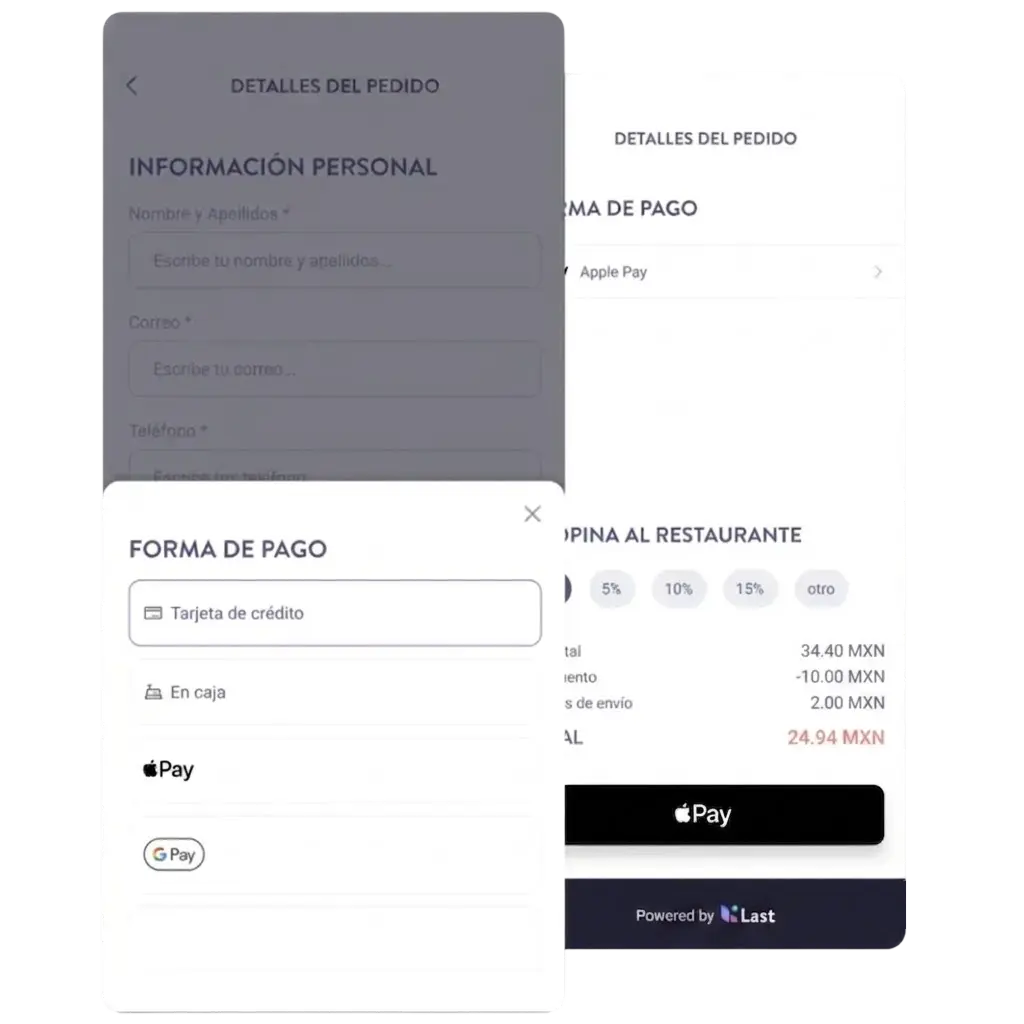Pantalla de pago del sistema QR de Last.app con opciones de tarjeta, Apple Pay, Google Pay y Bizum