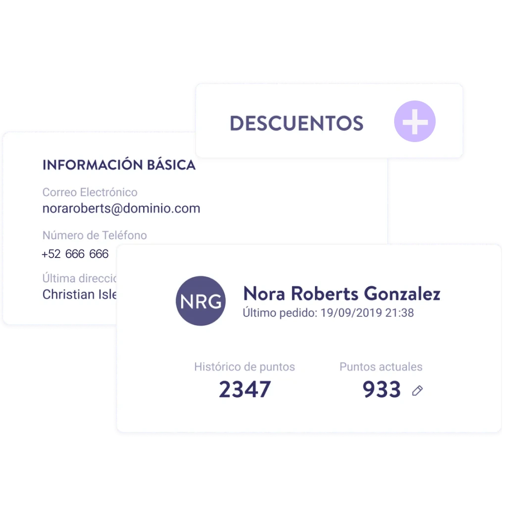 Ficha de cliente en Last.app con puntos de fidelidad acumulados, información de contacto y descuentos asignados