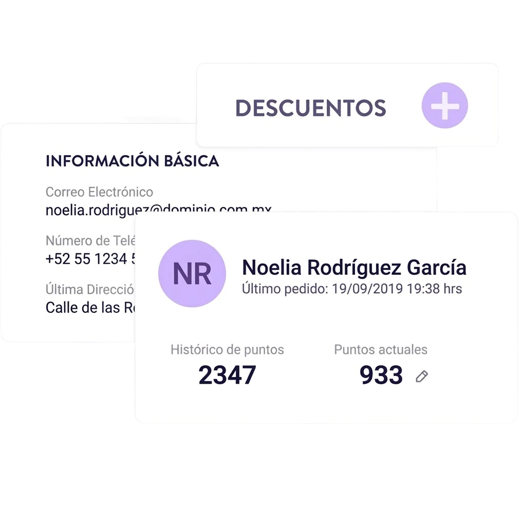 Ficha de cliente en Last.app con historial de puntos de fidelidad, datos de contacto y descuentos