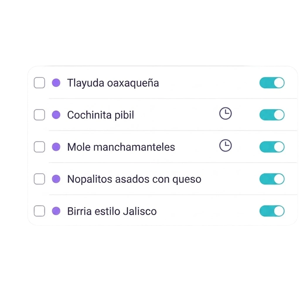 Lista de platos de carta en Last.app con opción de activar o desactivar la disponibilidad de cada producto