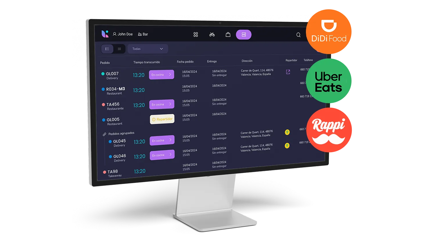 Pantalla software tpv con integraciones glovo uber eats y just eat