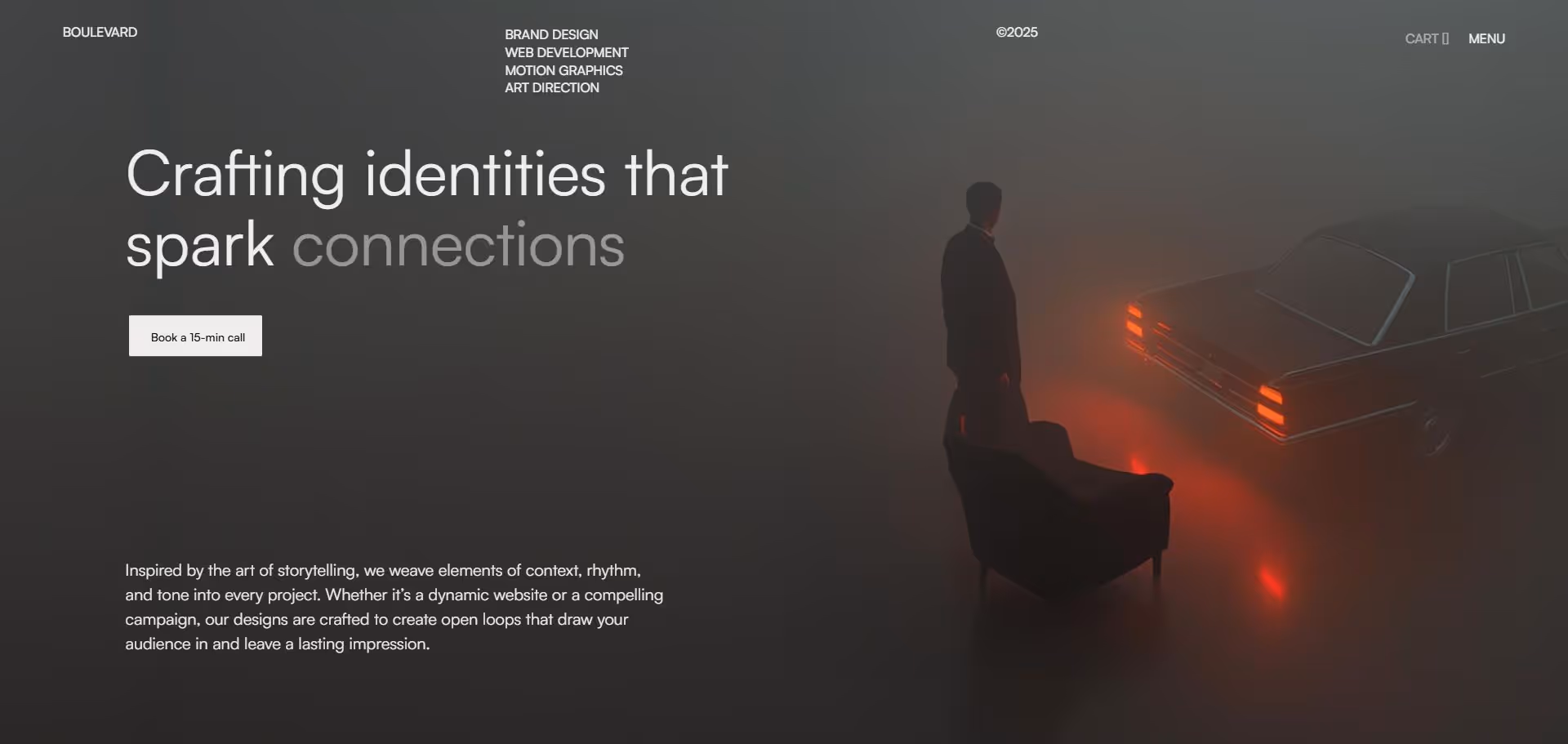 Man in a dark suit standing next to a chair facing a vintage car with glowing red taillights in a foggy environment.