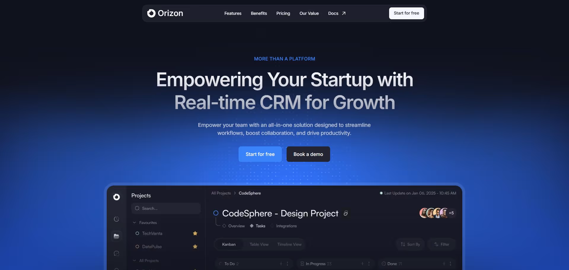 Orizon website homepage featuring navigation menu and headline promoting real-time CRM for startup growth with options to start for free or book a demo.